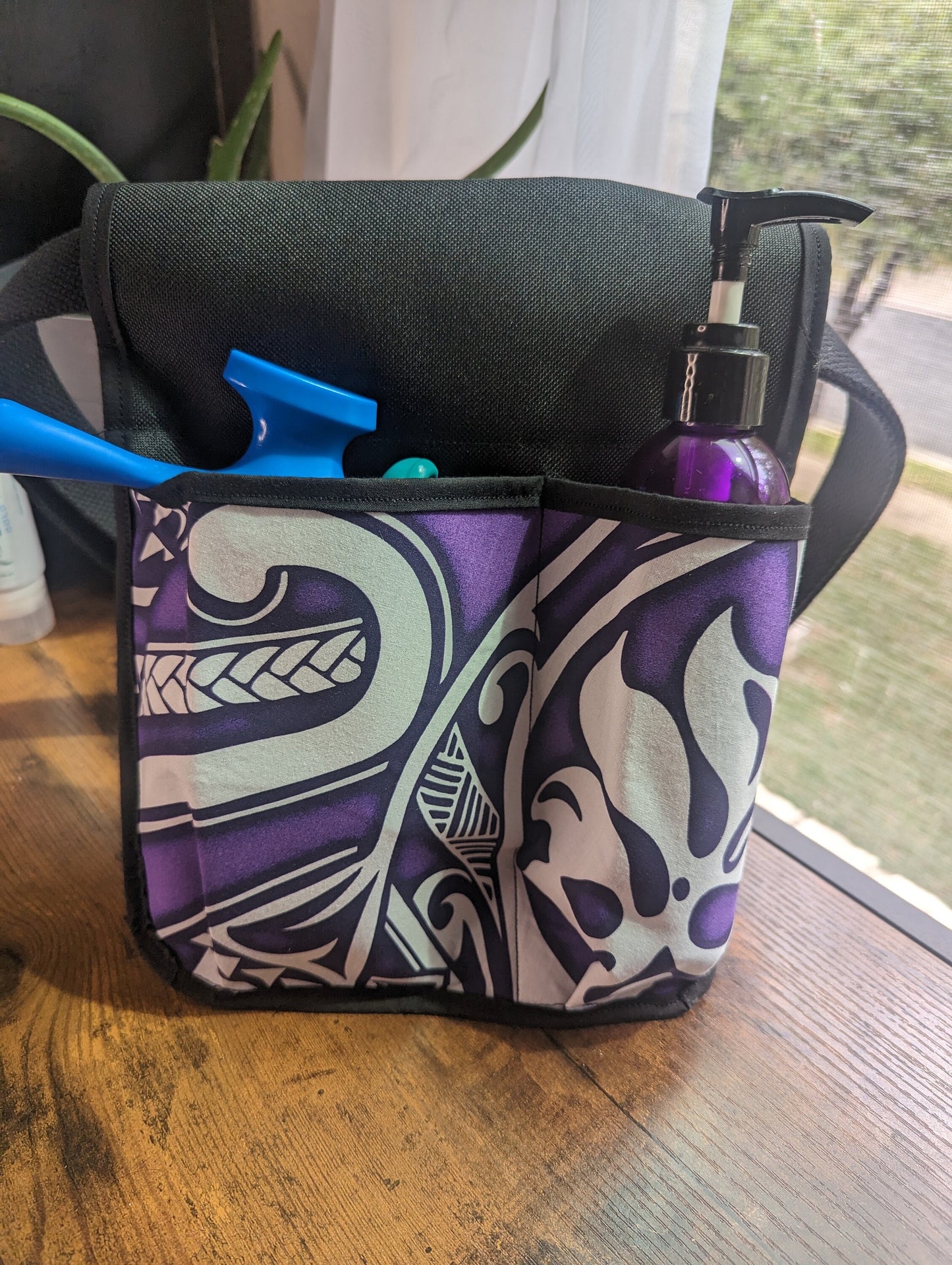 Polynesian Tribal in Purple Massage Therapist Lotion holster with Tool Pocket and Utility Holster