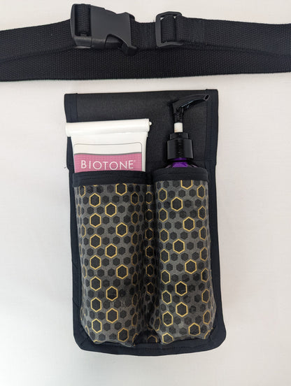 Hexagon in black, grey, and Metallic gold Massage Therapist Double Lotion and Utility Holster