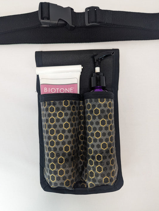 Hexagon in black, grey, and Metallic gold Massage Therapist Double Lotion and Utility Holster