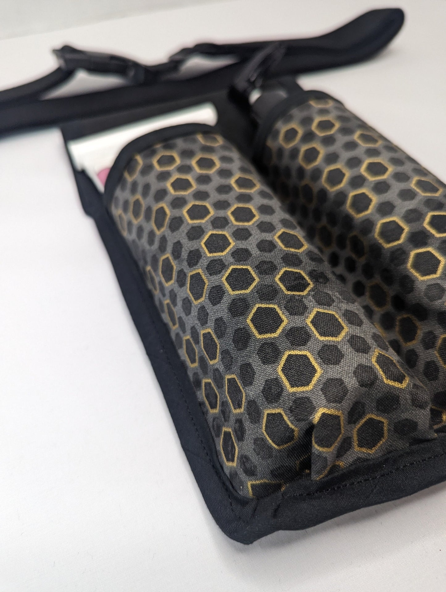 Hexagon in black, grey, and Metallic gold Massage Therapist Double Lotion and Utility Holster