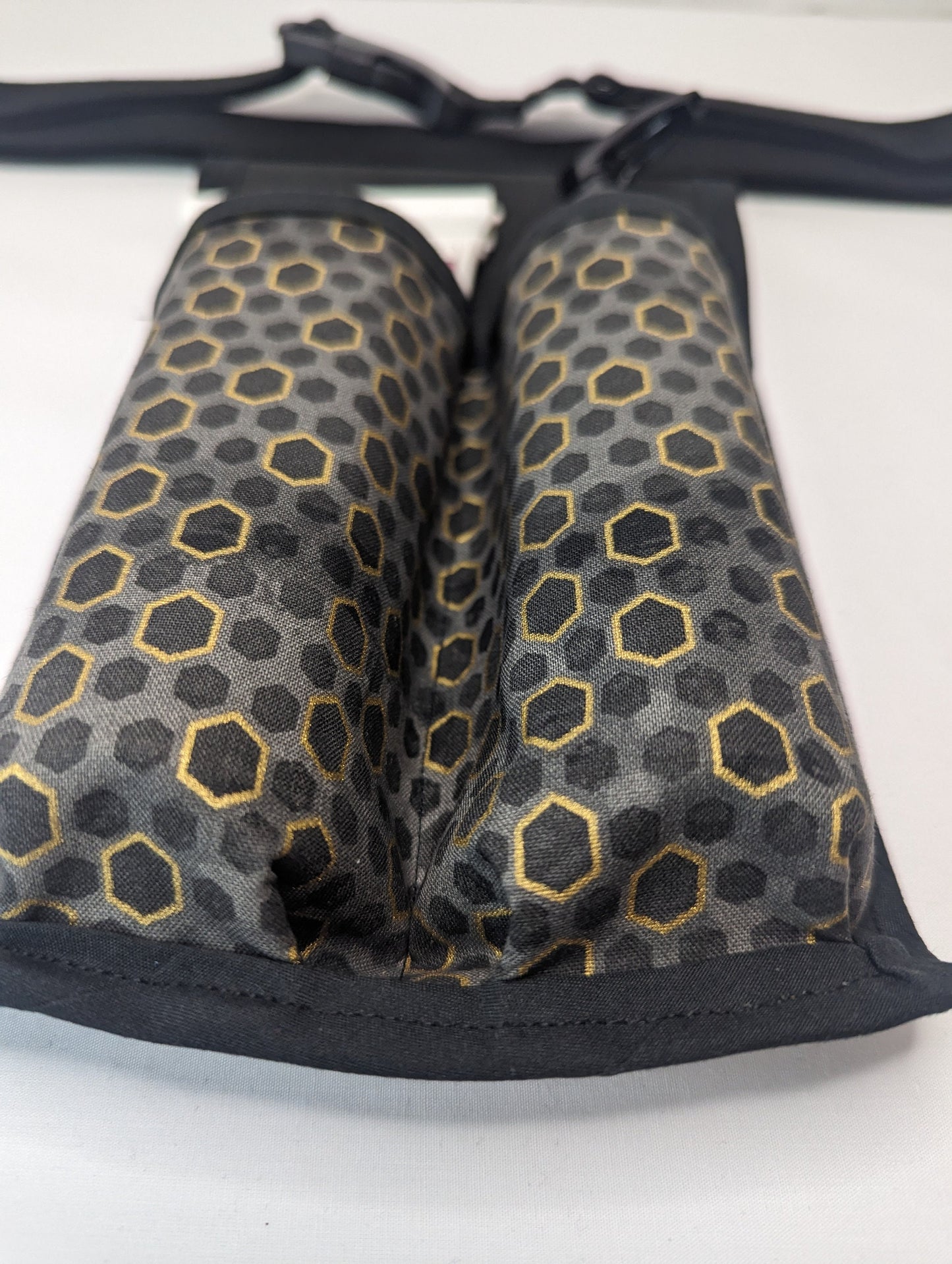 Hexagon in black, grey, and Metallic gold Massage Therapist Double Lotion and Utility Holster