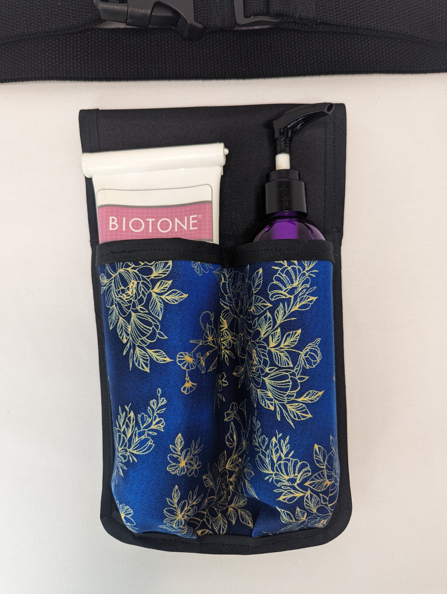Blue and gold floral Massage Therapist Double Lotion and Utility Holster