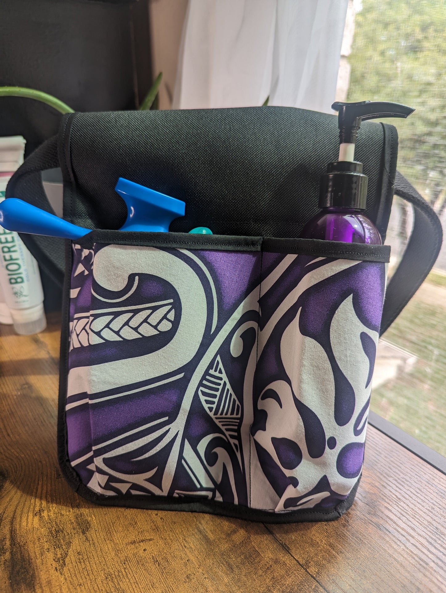 Polynesian Tribal in Purple Massage Therapist Lotion holster with Tool Pocket and Utility Holster