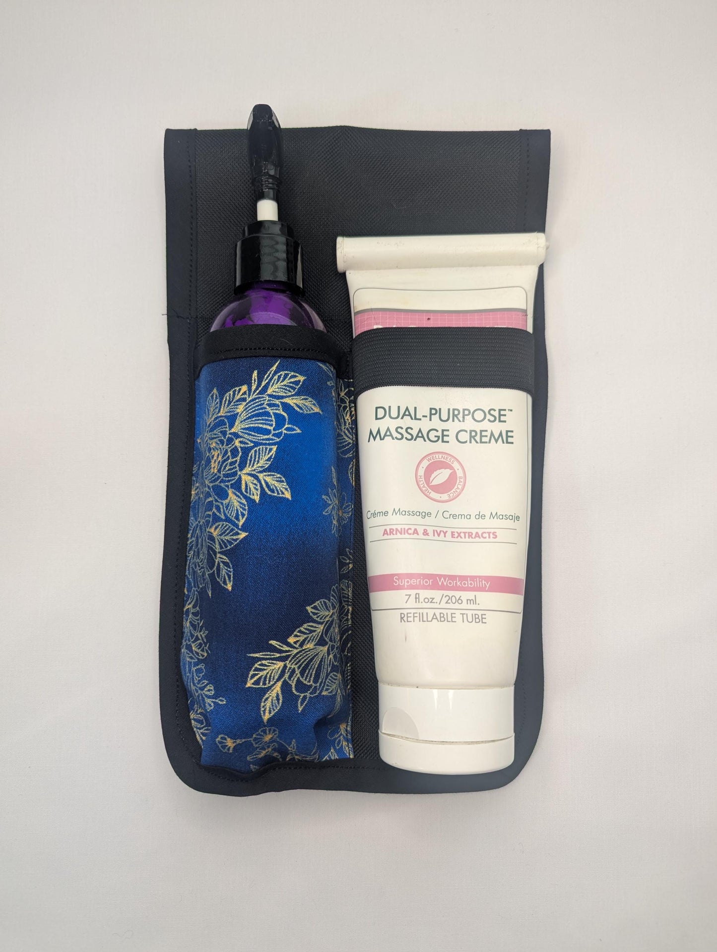 Blue and Gold Floral Lotion and Cream Holster Massage Therapist Lotion Holster,