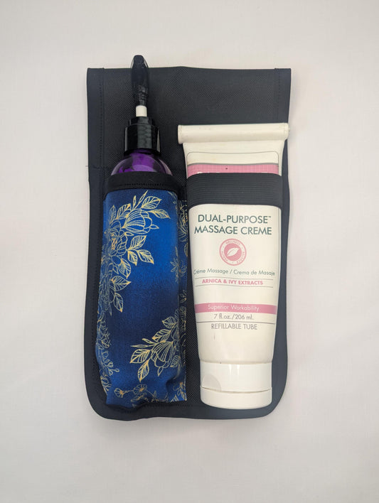 Blue and Gold Floral Lotion and Cream Holster Massage Therapist Lotion Holster,